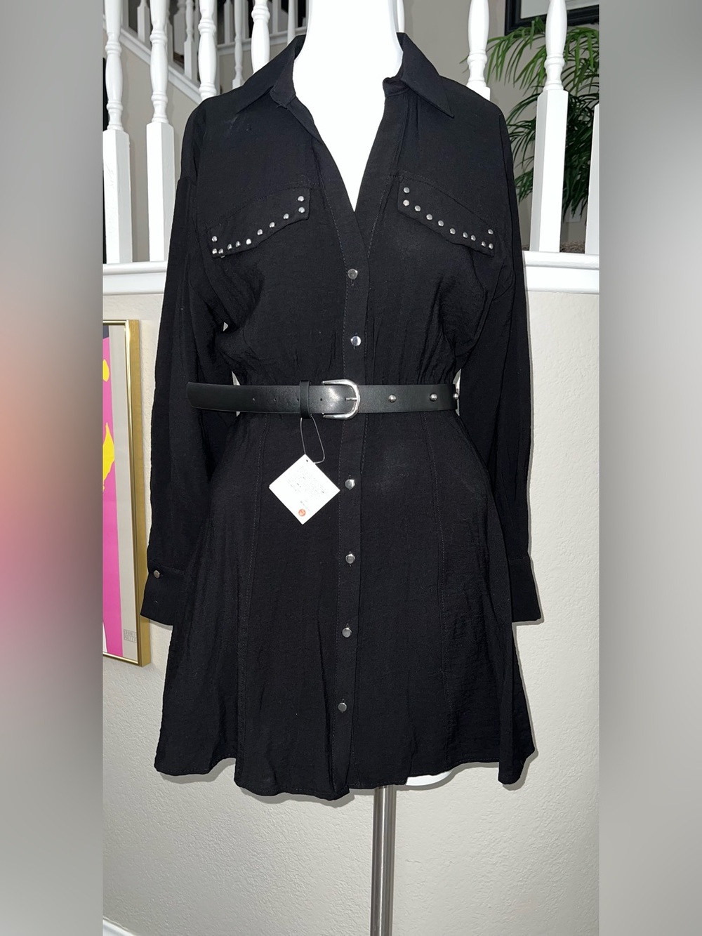 Zara Black Stud-Detail Shirt Dress with Belt